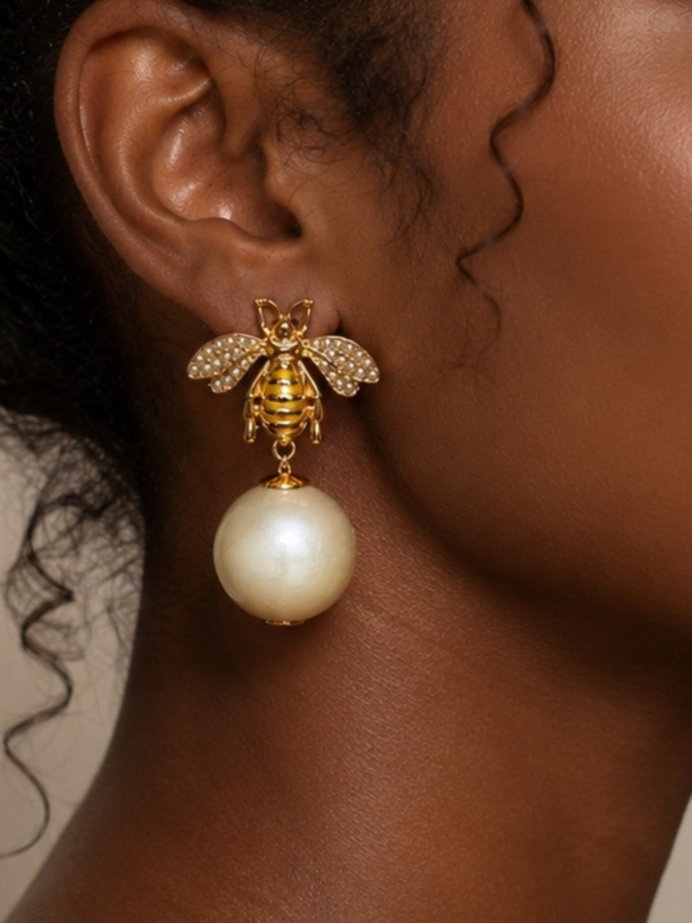 Gold Bee Drop Pearl Earrings - Women Jewelry